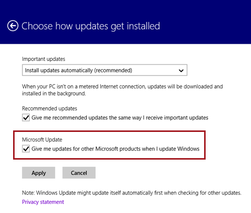 Windows 8 also allows you to select Microsoft Update via its touch friendly interface.