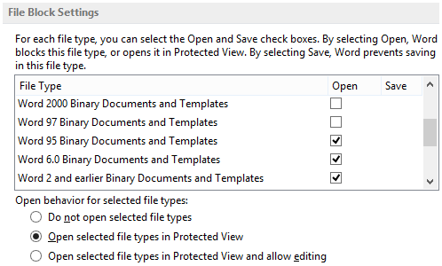 File Block Settings - Open selected file types in Protected View