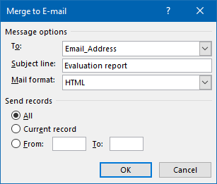 Default Mail Merge options in Word.