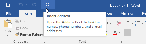 Insert Address feature in the QAT of Word 2016