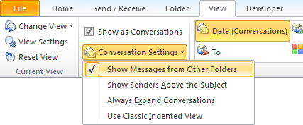 Outlook 2010 - Conversation Settings - Show Messages from Other Folders