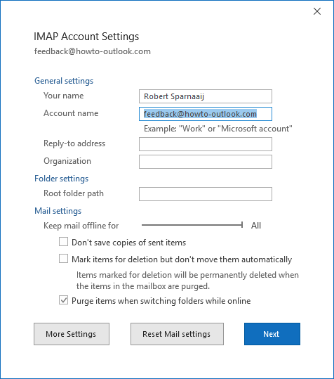 Changing the name of an IMAP account (and mailbox) in Microsoft 365.