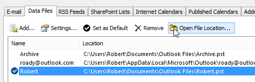 Click on the “Open File Location…” button to be directly taken to the location of that pst-file. (Click on the image to see the full dialog)