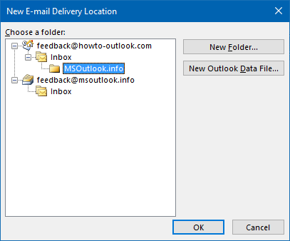 Setting a delivery folder for a POP3 account in Outlook.