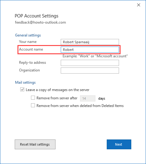 Rename your account to make it shorter or more meaningful to you. Outlook 2016 Retail, Outlook 2019 and Microsoft 365