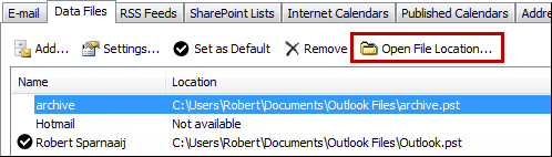 Quickly open the folder location of your archive pst-file via the Data Files tab.