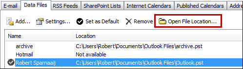 Quickly open the folder location of your pst-file via the Data Files tab.