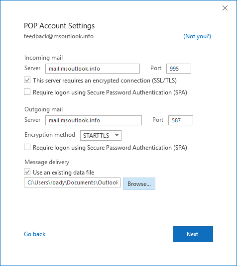 The advanced Add Account process for POP3 account allows you to reuse your existing pst-file.