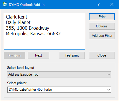 DYMO Outlook Add-In dialog for printing multiple labels.