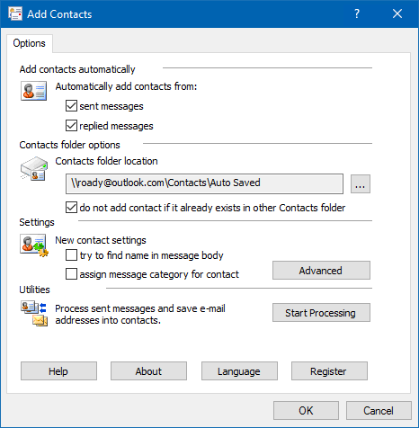 Options dialog of MAPILab’s Add Contacts add-in. In this case, I have it configured to automatically store all new contacts the add-in creates in the folder “Auto Saved”.
