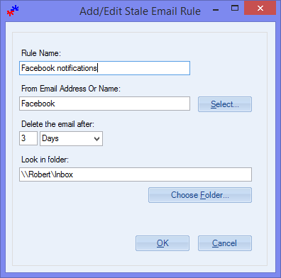 Delete Stale Emails add-in - Default rule to automatically clean up Facebook notification emails.