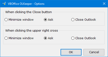Choose your default closing options - VBOffice OLKeeper