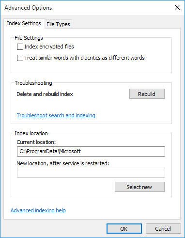Advanced Indexing Options in Windows 10