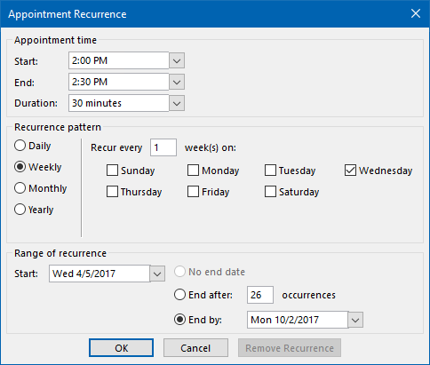 Appointment Recurrence dialog with the "No end date" option disabled.