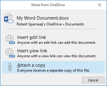 Share from OneDrive dialog when inserting a OneDrive attachment in a Plain Text formatted message.