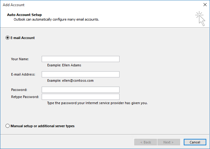 Add Account - Auto Account Setup dialog (click on image to enlarge)