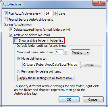 brak natychmiastowego archiwum w programie Outlook 2010