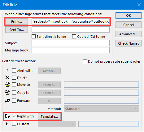 Automatic Reply rule to only reply to specific external addresses with a message template.