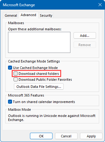 Disable: Download shared folders - Cached Exchange Mode Settings