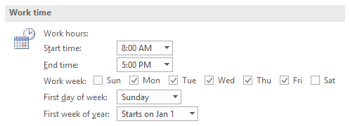 Working days and time options in Outlook.