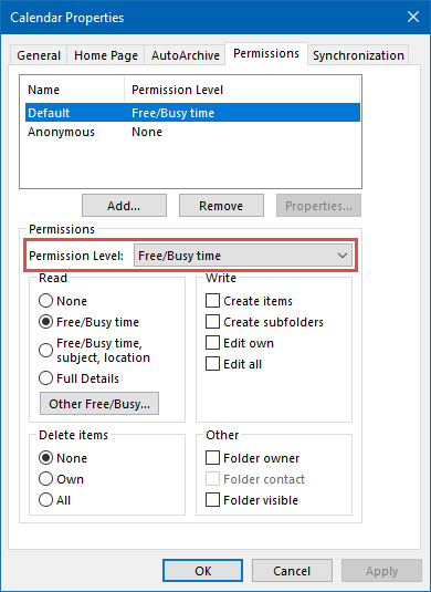 Calendar Permissions - Default - Permission Level: Free/Busy time