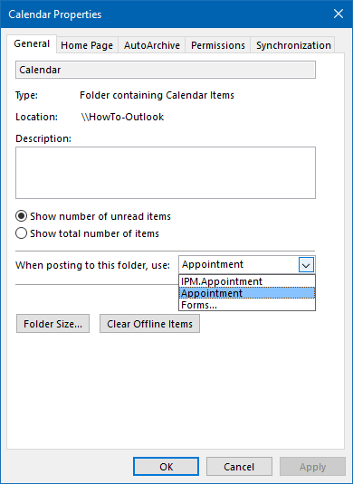 When posting to this folder, use: Appointment - Click on the image to see the full Calendar Properties dialog.