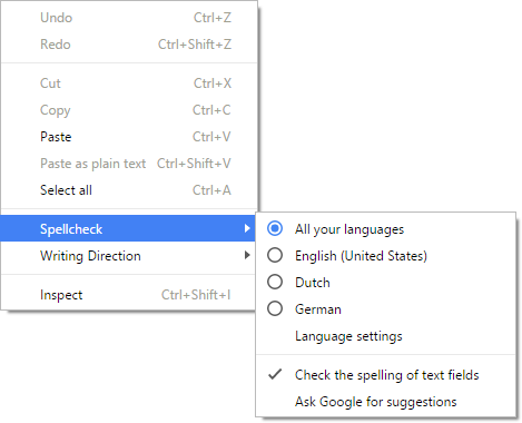 Switching between spellcheck languages in Google Chrome.