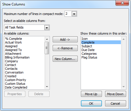 Columns for a simple task list; Icon, Complete, Subject, Due Date, Categories, Flag Status
