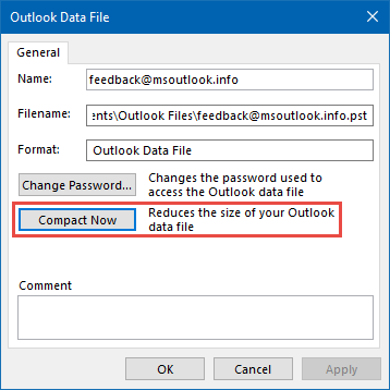 Starting the compacting process manually. Depending on your account type and Outlook version, this dialog may look a bit different for you.