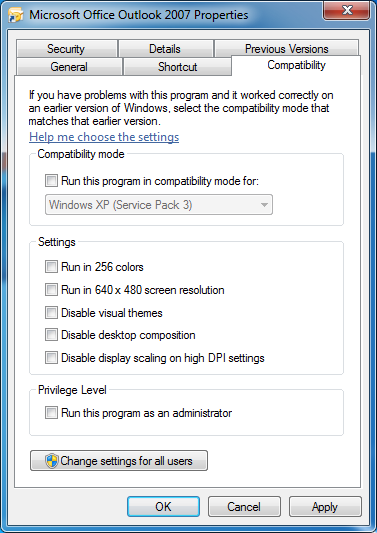 Outlookk  Comaptibility Mode settings