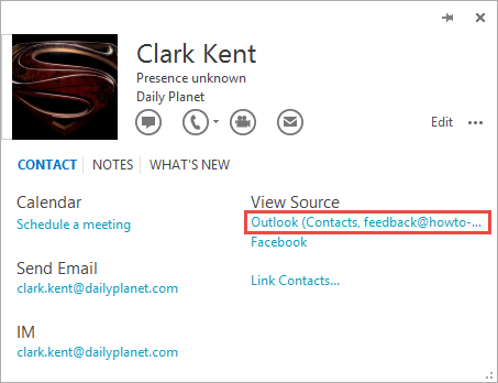If Outlook is listed as a source, the Contact exists in your Contacts folder. Click on the link to open the Contact Item.