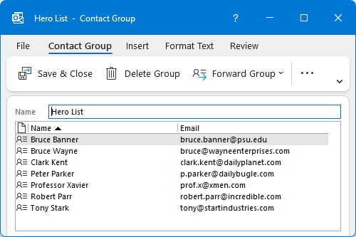 An Outlook Contact Group directly created from a list of names and addresses in Excel
