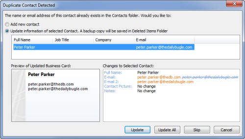 Duplicate contact detected - update information (click on image to enlarge)