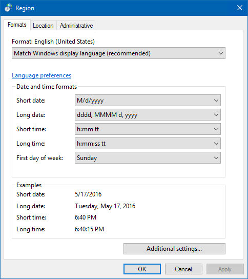 Time and date format configuration in Control Panel.