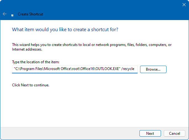 Using the Create Shortcut wizard to create a Desktop shortcut for Outlook with the /recycle command line switch.