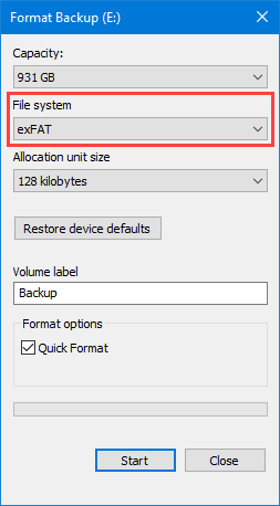 Format a disk with the exFAT file system.