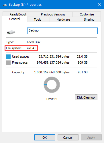 Current file system format in the Properties dialog.