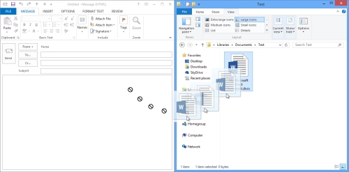Dragging & dropping attachments won’t work when Outlook runs as an administrator. (click on image to enlarge)
