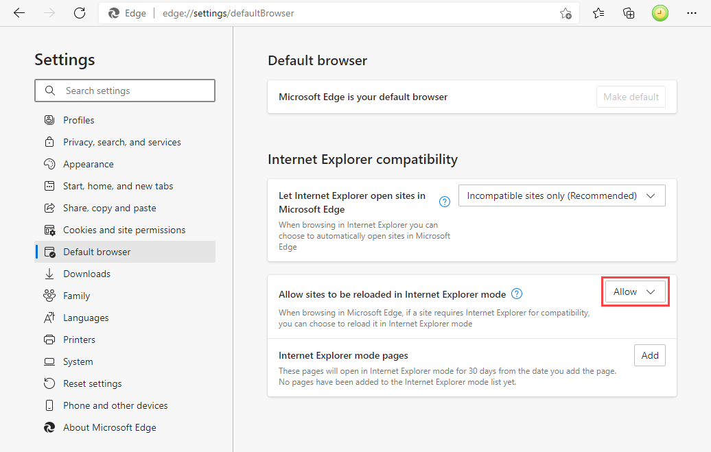 Microsoft Edge Settings: Allow sites to be reloaded in Internet Explorer mode