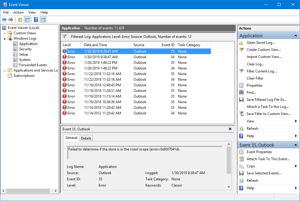 event identity 1002 outlook exe hang