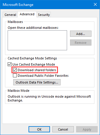 Exchange Account Settings - Advanced - Cached Exchange Mode - Download shared folders