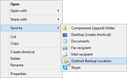 Send To-> Outlook Backup Location context menu.