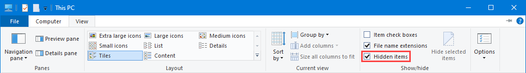 Show Hidden Items in File Explorer.