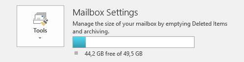 Mailbox size information as shown in Outlook when clicking on the File tab.