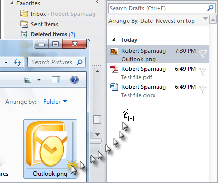 You can drag and drop files from Explorer into Outlook to conveniently store them directly in your mailbox but it is not always a wise thing to do (click on image to enlarge).