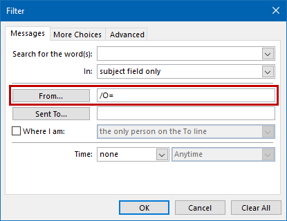 The From filter value /O= allow you to find internally sent Exchange emails.