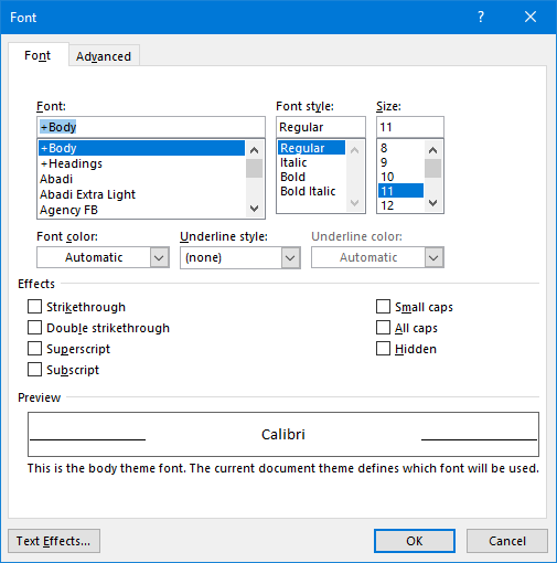 Font dialog in Outlook.