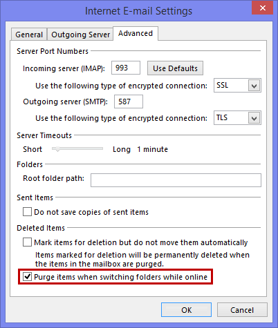 Set the option to automatically purge items for your IMAP Gmail account in Outlook 2013, or 2016 (MSI – Volume License).