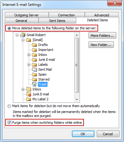 In Outlook 2010, you can set the Trash folder as the Deleted Items folder for a Gmail IMAP account.