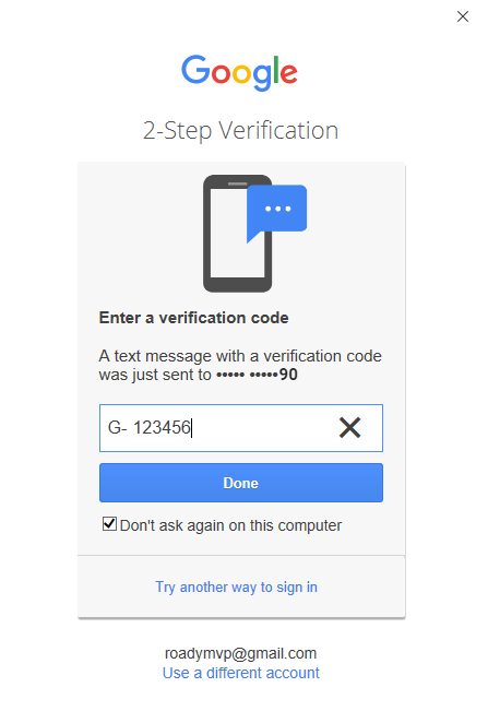 Gmail Authentication verification step 2: Enter a code obtained SMS.